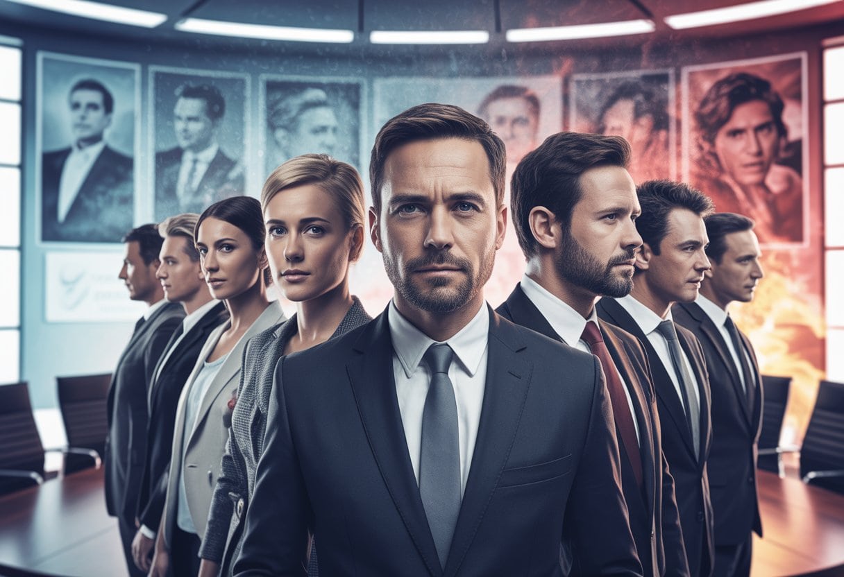 Eine Gruppe von Politikern steht in einer Reihe von der Mitte bis ganz rechts mit wechselnden Ausdrücken und Kleidung, die einen ideologischen Wandel darstellen.