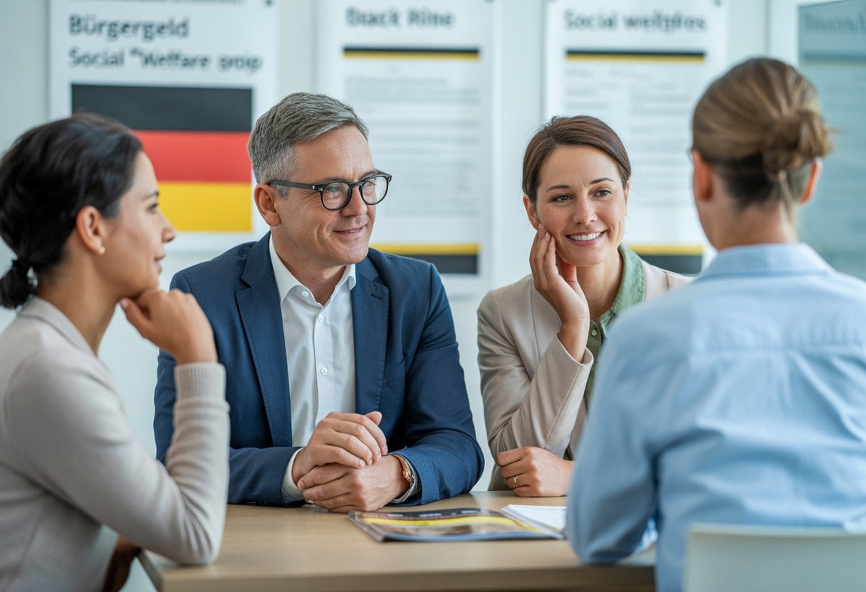 Menschen in einem Beratungsbüro für soziale Leistungen in Deutschland, die sich mit einem Sozialarbeiter unterhalten.