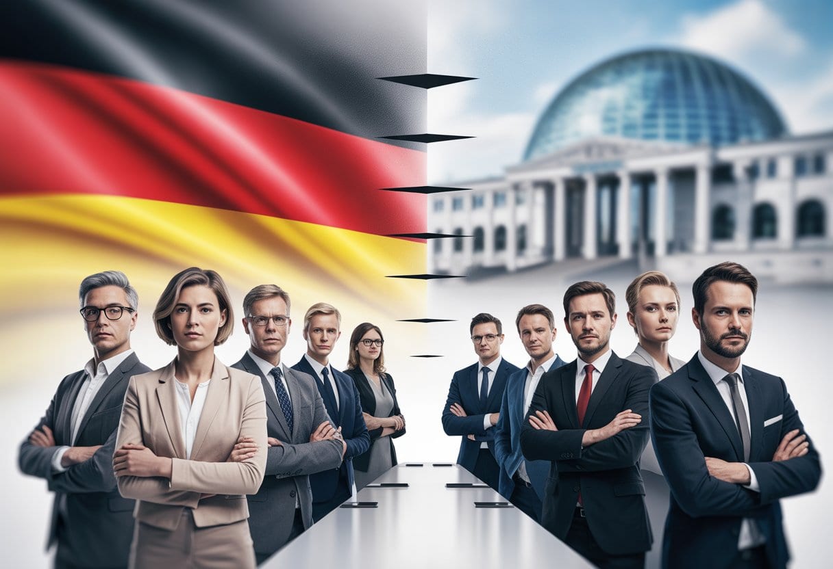 Eine Gruppe von Politikern in einem Konferenzraum, die eine politische Verschiebung von der Mitte nach rechts symbolisieren.