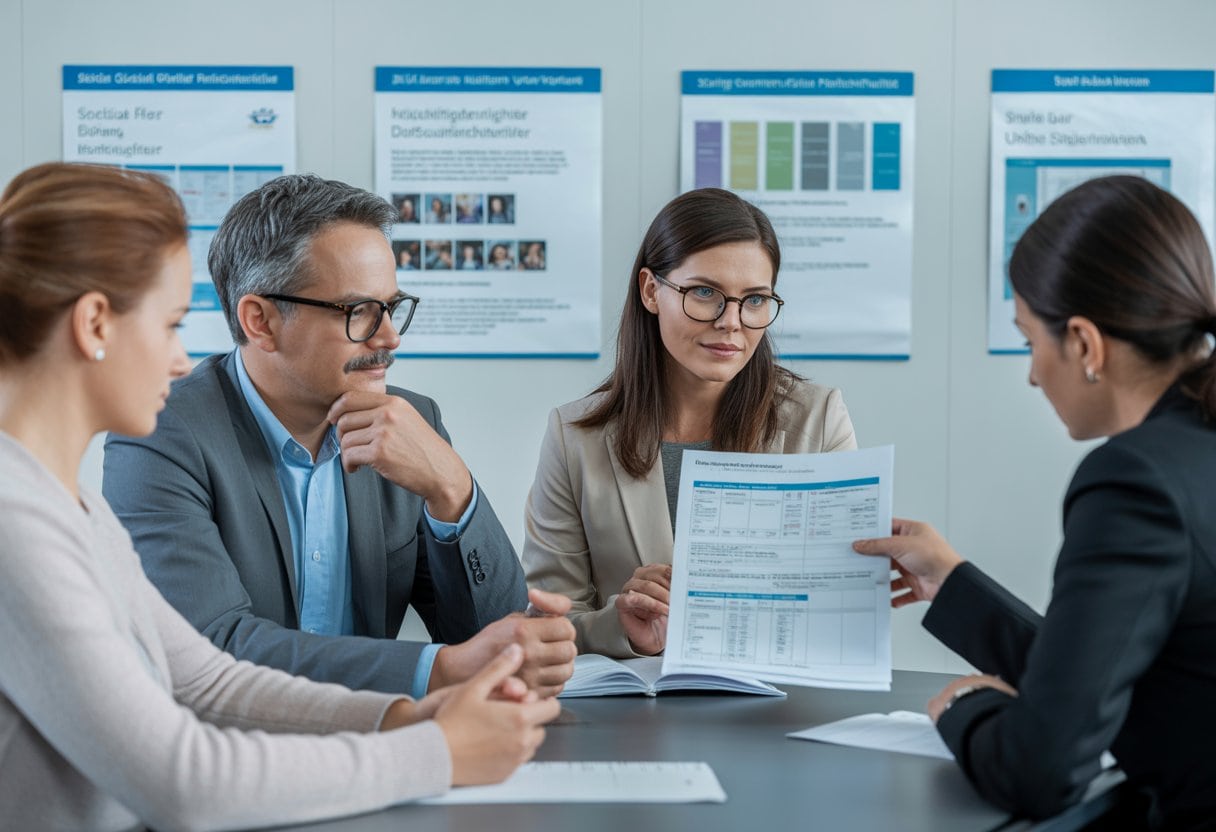 Menschen in einem Beratungsbüro für soziale Leistungen, die ein Gespräch mit einem Sozialarbeiter führen.