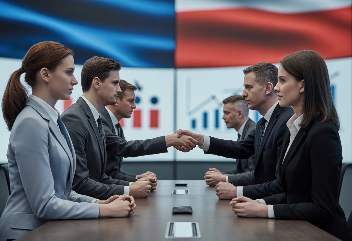 Zwei Gruppen von Menschen in einem Konferenzraum, die eine symbolische politische Annäherung und Konkurrenz darstellen.