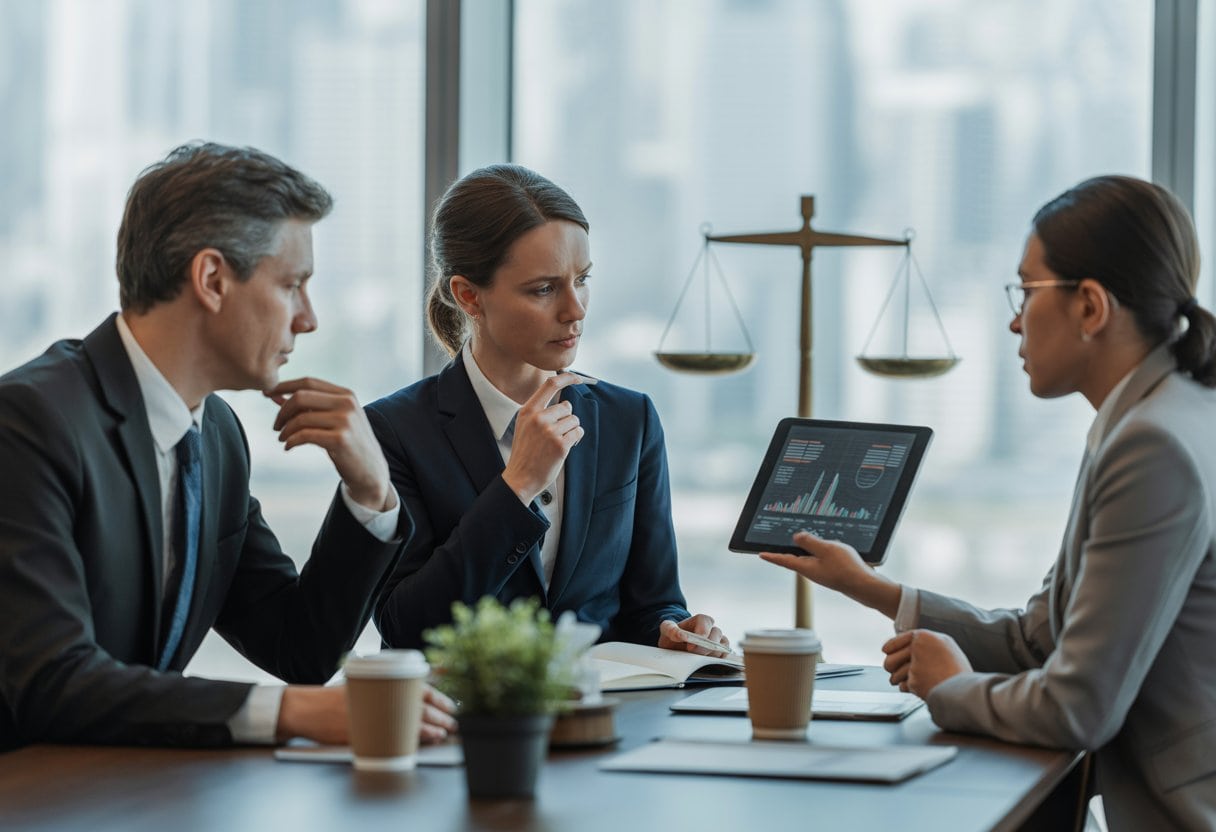 Drei Personen in Geschäftskleidung diskutieren ernsthaft an einem Konferenztisch mit Blick auf eine Stadtlandschaft.