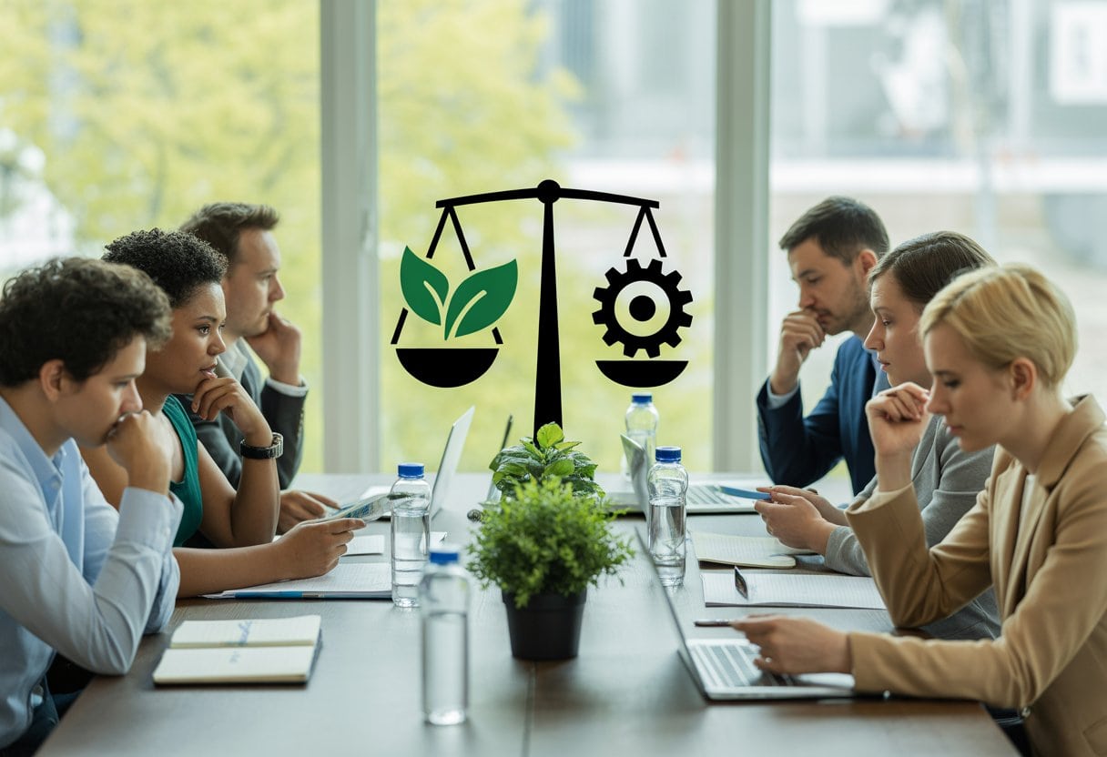 Eine Gruppe von Menschen diskutiert ernsthaft in einem modernen Besprechungsraum mit Blick auf eine grüne Stadtlandschaft.