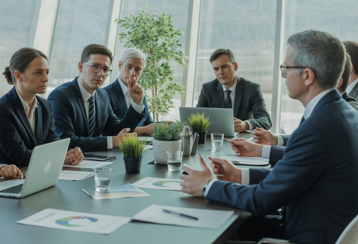 Politiker und Entscheidungsträger diskutieren in einem modernen Konferenzraum über Verbote und Regulierungen.