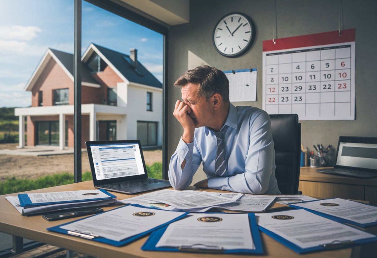 Ein Mann sitzt an einem Schreibtisch voller Akten und schaut gestresst auf einen Laptop, im Hintergrund ist ein halbfertiges Haus durch ein Fenster zu sehen.