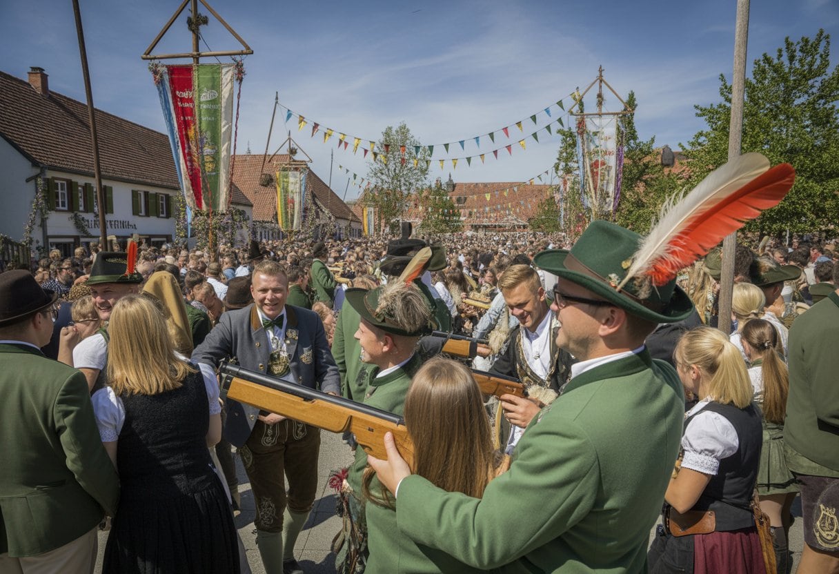 Menschen in traditionellen Schützenfestkleidern feiern gemeinsam draußen in einem lebhaften Dorf mit bunten Dekorationen und Schießständen.