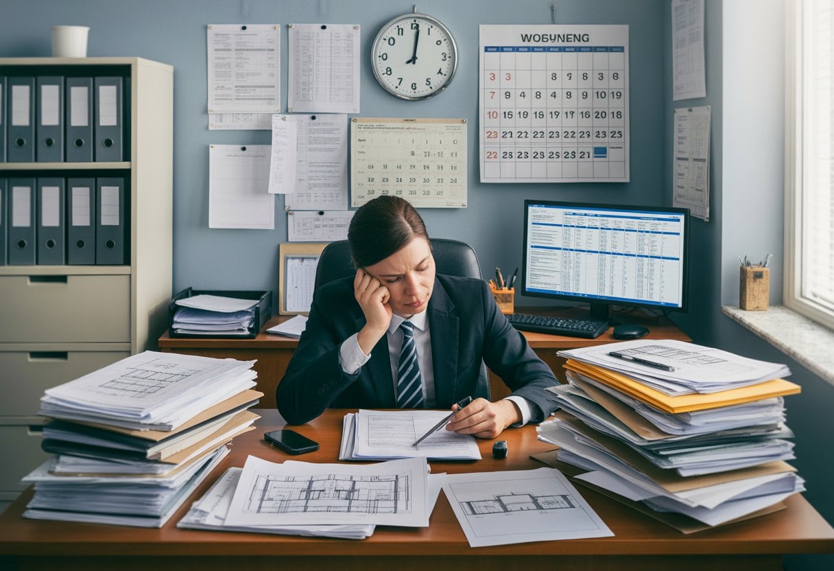 Ein gestresster Büroangestellter sitzt an einem mit Akten und Bauplänen vollgestellten Schreibtisch in einem Büro mit Uhr und Kalender im Hintergrund.