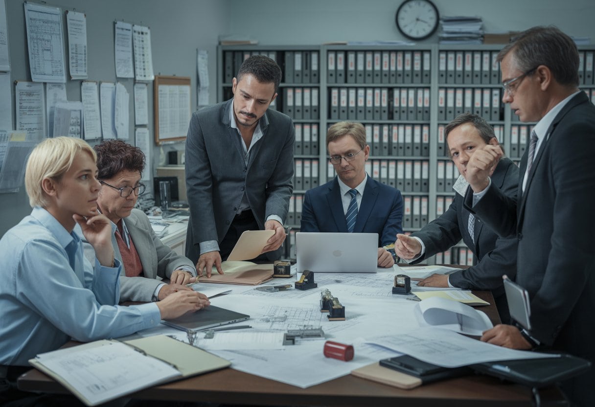 Menschen in einem Büro diskutieren über Baupläne und Dokumente, umgeben von Akten und Computern.