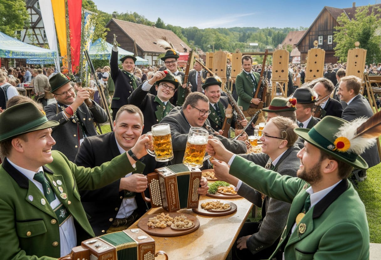 Menschen in traditionellen Schützenfestkleidern feiern gemeinsam im Freien mit Bier, Musik und Schießwettbewerb in einem Dorf.