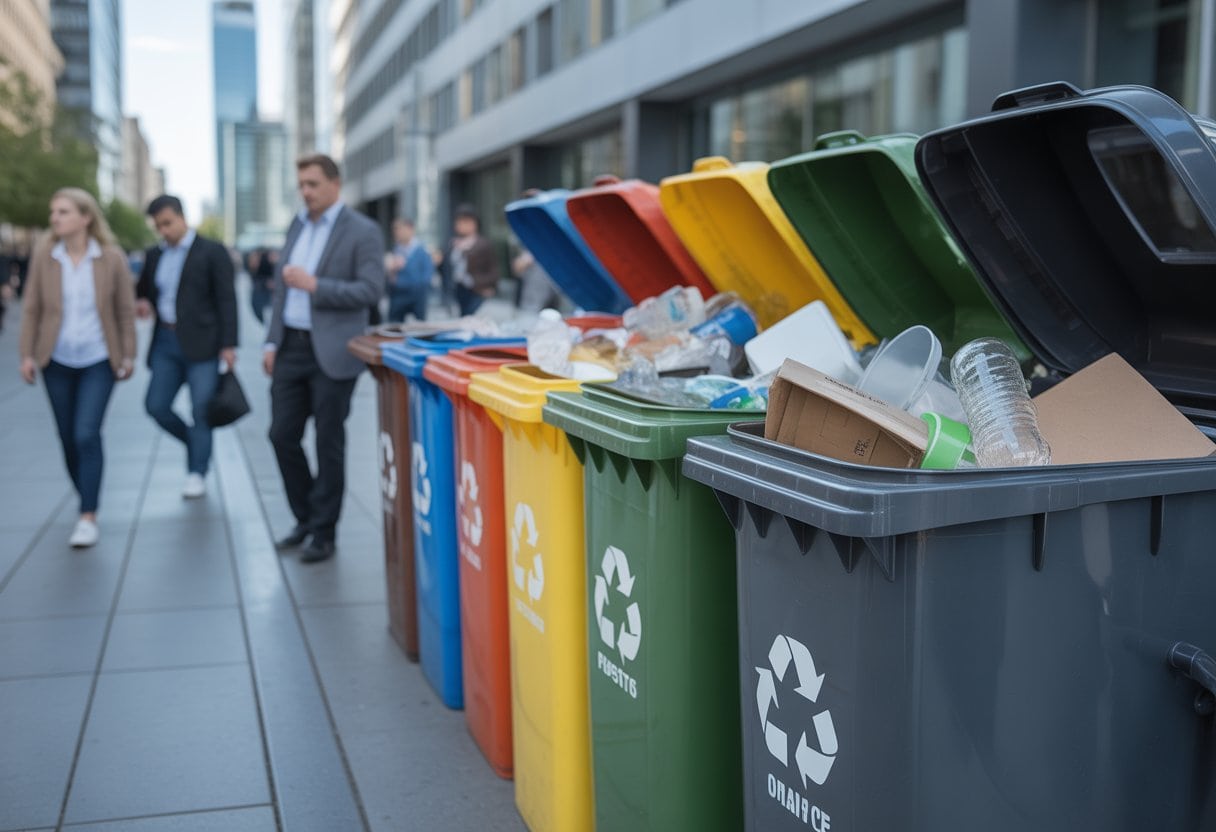 Mehrere farblich unterschiedliche Mülltonnen stehen nebeneinander in einer deutschen Stadt, teilweise überfüllt und mit gemischtem Müll darin, im Hintergrund sind Passanten und Gebäude zu sehen.