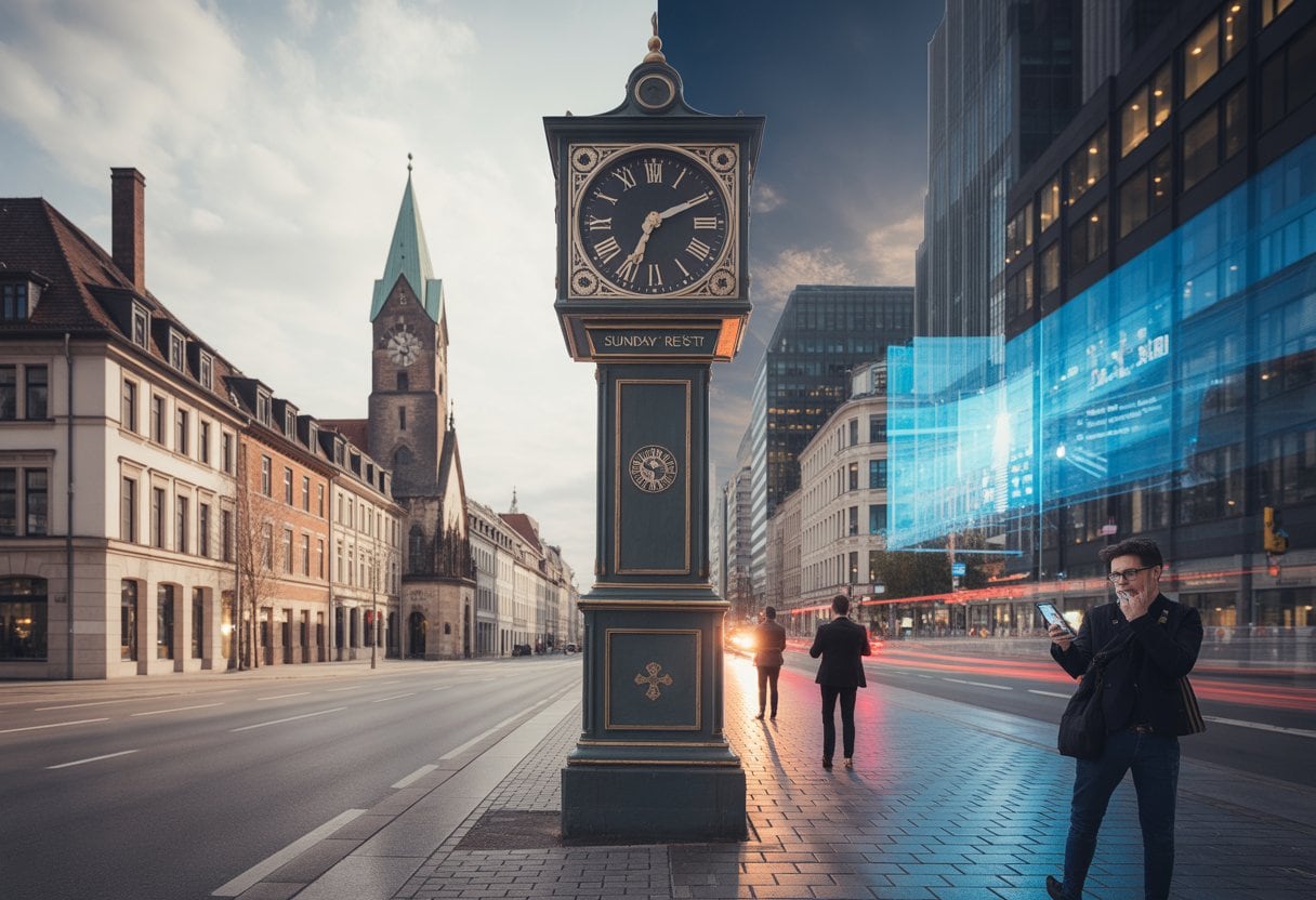 Eine Straßenszene mit einem historischen Uhrenturm und einer ruhigen Straße neben einem modernen, belebten Stadtteil mit Menschen und digitalen Bildschirmen.
