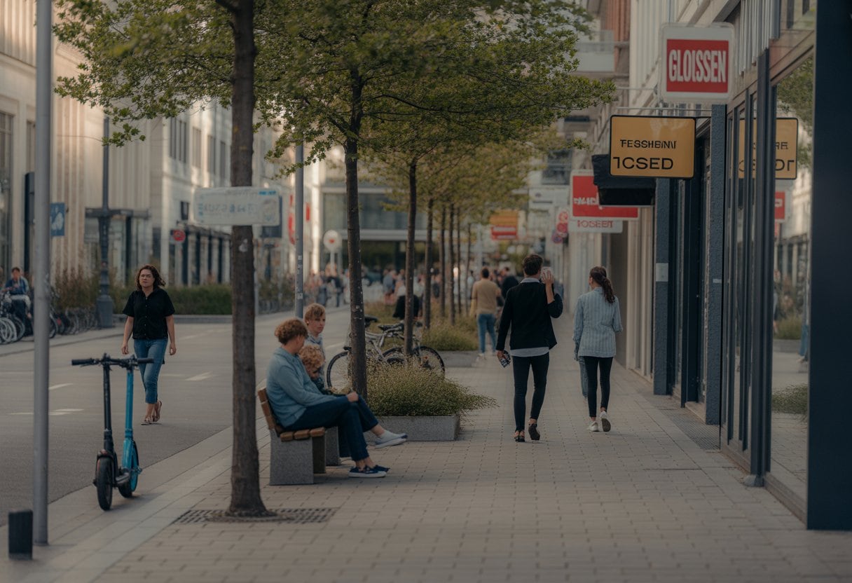 Eine ruhige deutsche Straße an einem Sonntag mit wenigen Menschen, geschlossenen Geschäften und Bänken unter Bäumen.