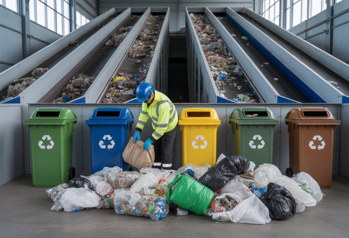 Eine Recyclinganlage mit mehreren Mülltonnen und einem Arbeiter, der gemischte Abfälle überprüft.
