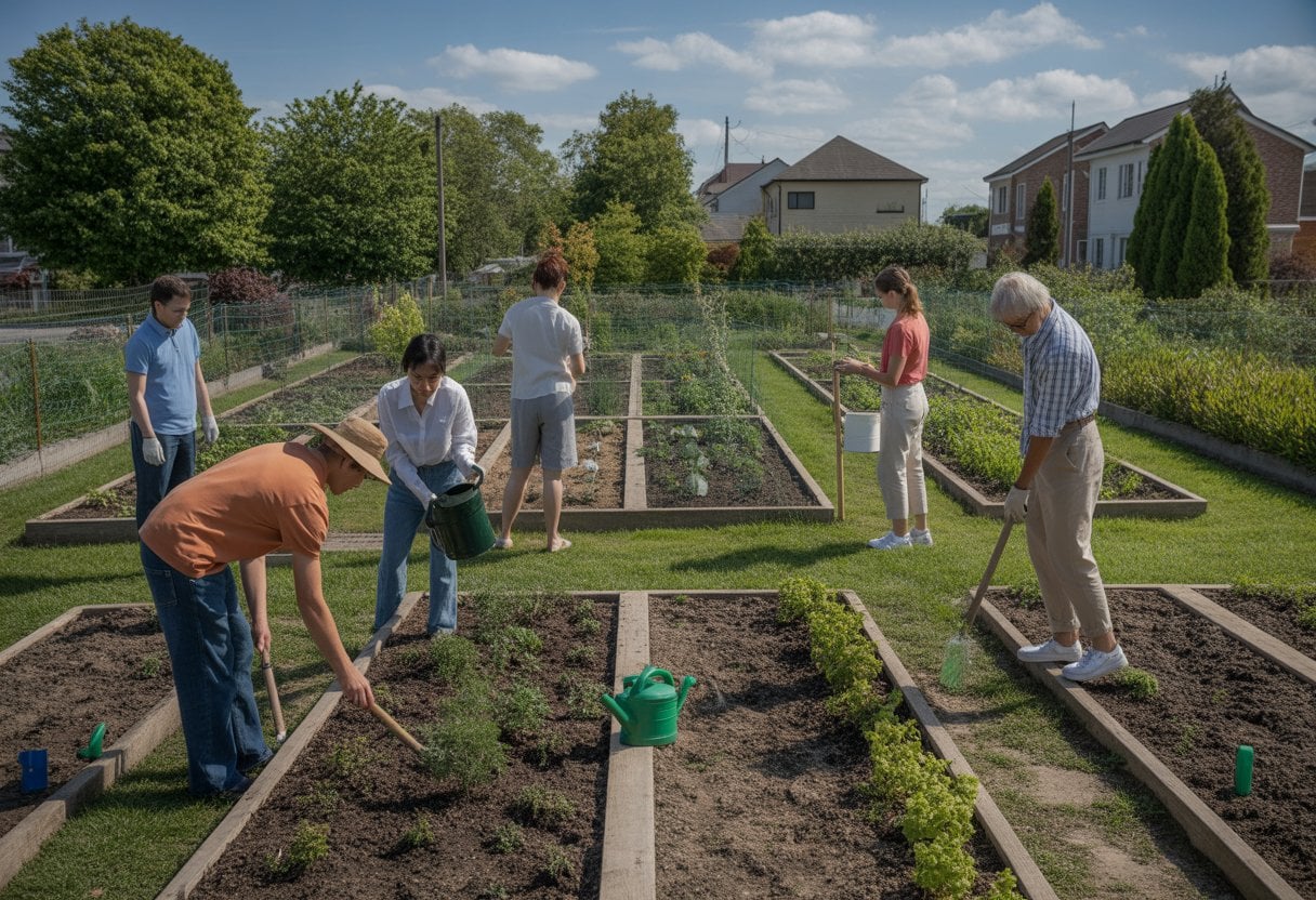 Mehrere Menschen arbeiten gemeinsam in einem gepflegten Gemeinschaftsgarten mit klar abgegrenzten Parzellen und gepflegten Wegen.
