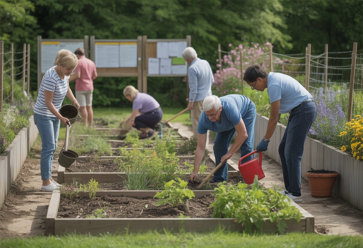 Menschen arbeiten gemeinsam in einem gut organisierten Kleingarten mit einzelnen Parzellen und einem Informationsbrett im Hintergrund.