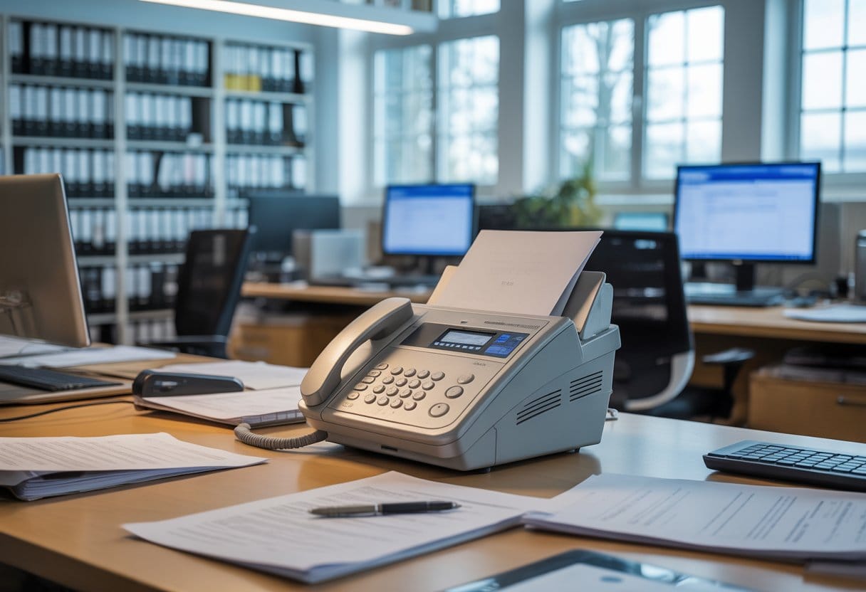Ein Büro in einer deutschen Behörde mit einem alten Faxgerät auf einem Schreibtisch neben moderner Computertechnik und Aktenordnern.