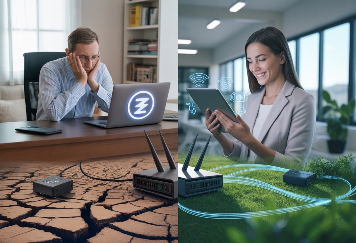 Zwei Personen an Schreibtischen: ein frustrierter Mann mit langsamer Internetverbindung und eine zufriedene Frau mit schneller Internetverbindung.