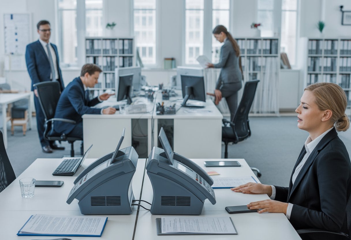 Ein Büro in einer deutschen Behörde mit Faxgeräten auf den Schreibtischen und Mitarbeitern, die damit arbeiten.