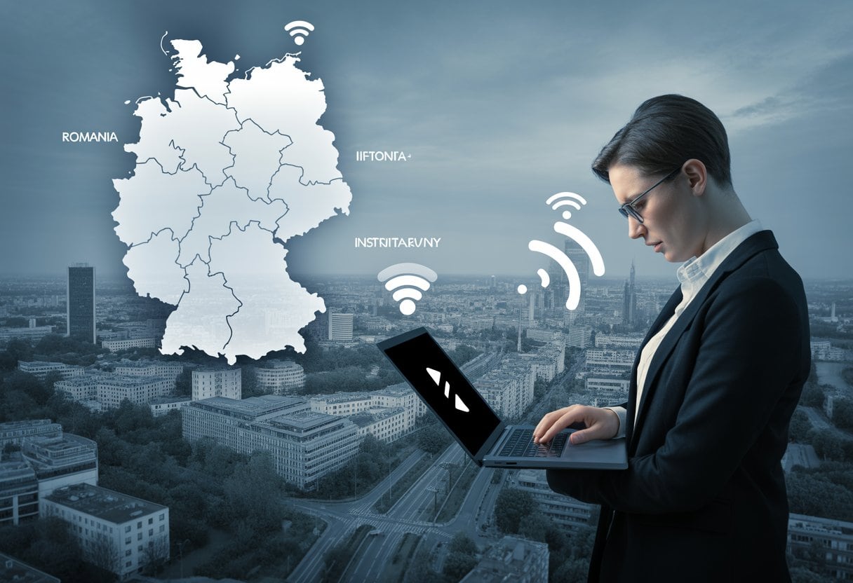 Eine Person sitzt vor einem Laptop und wirkt frustriert wegen langsamer Internetverbindung, im Hintergrund ist eine deutsche Stadtsilhouette mit digitalen Symbolen für Internetgeschwindigkeit zu sehen.