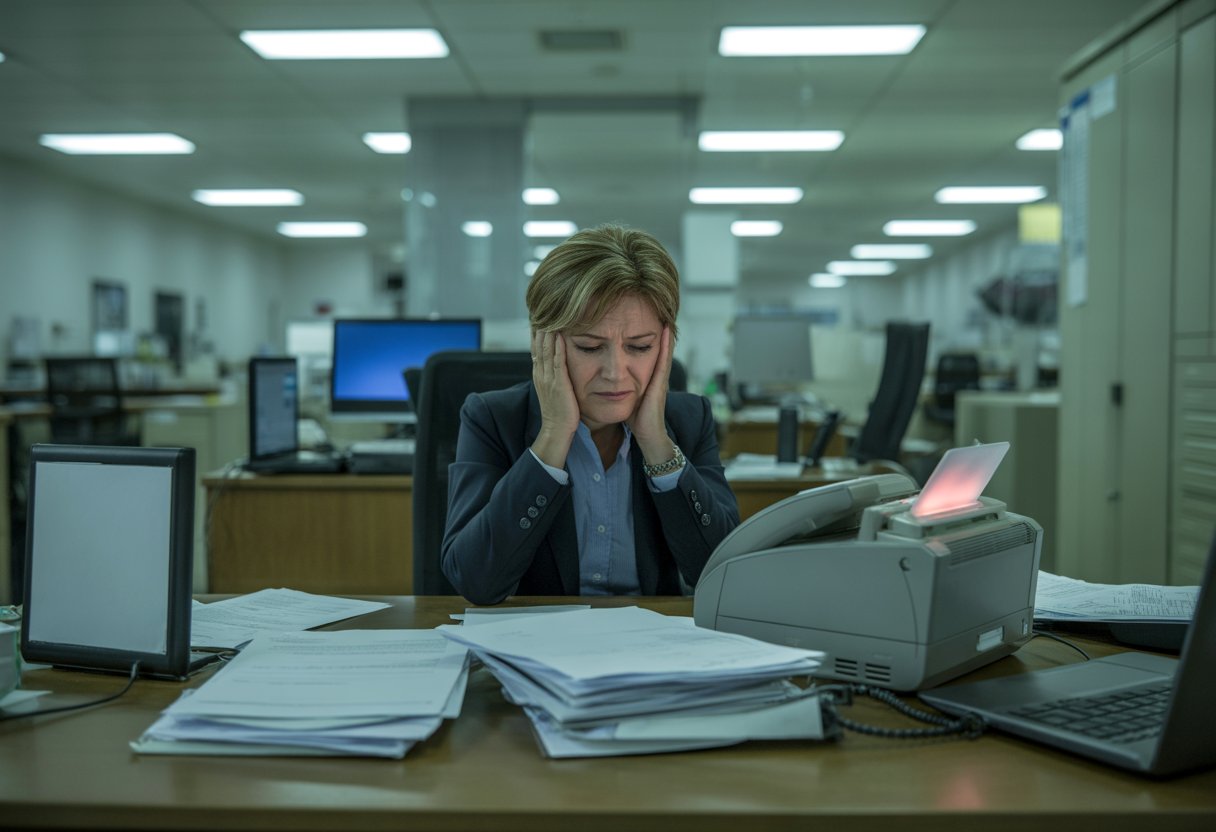 Ein frustrierter Büroangestellter sitzt an einem Schreibtisch mit einem alten Faxgerät und Papierstapel in einem Behördenbüro.