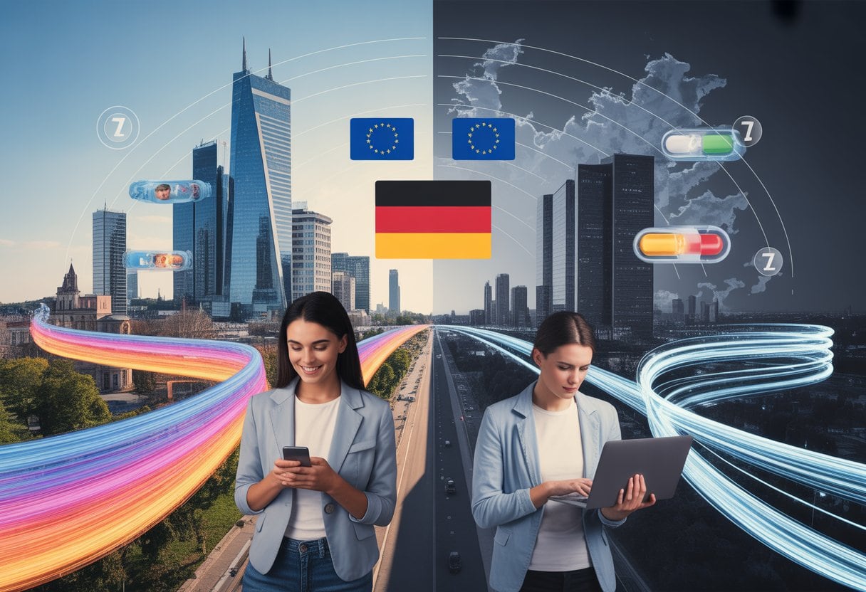 Eine geteilte Stadtansicht, links eine moderne rumänische Stadt mit schnellen Internet-Symbolen, rechts eine deutsche Stadt mit langsamer Internet-Darstellung und Menschen, die digitale Geräte nutzen.