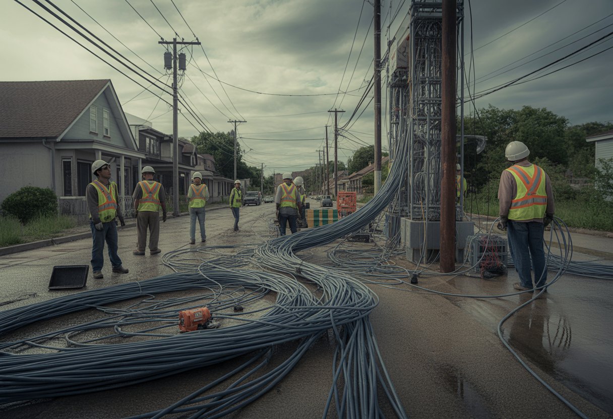 Baustelle für Glasfaserausbau mit wenigen Arbeitern und langsamen Fortschritten in einer kleinen Stadt.
