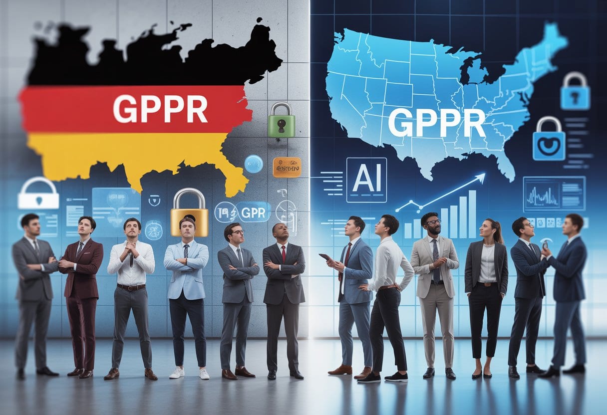 Zwei Gruppen von Unternehmern in einem Büro, links wirken sie frustriert mit Symbolen für Datenschutz, rechts arbeiten sie in einem offenen amerikanischen Tech-Büro zusammen.