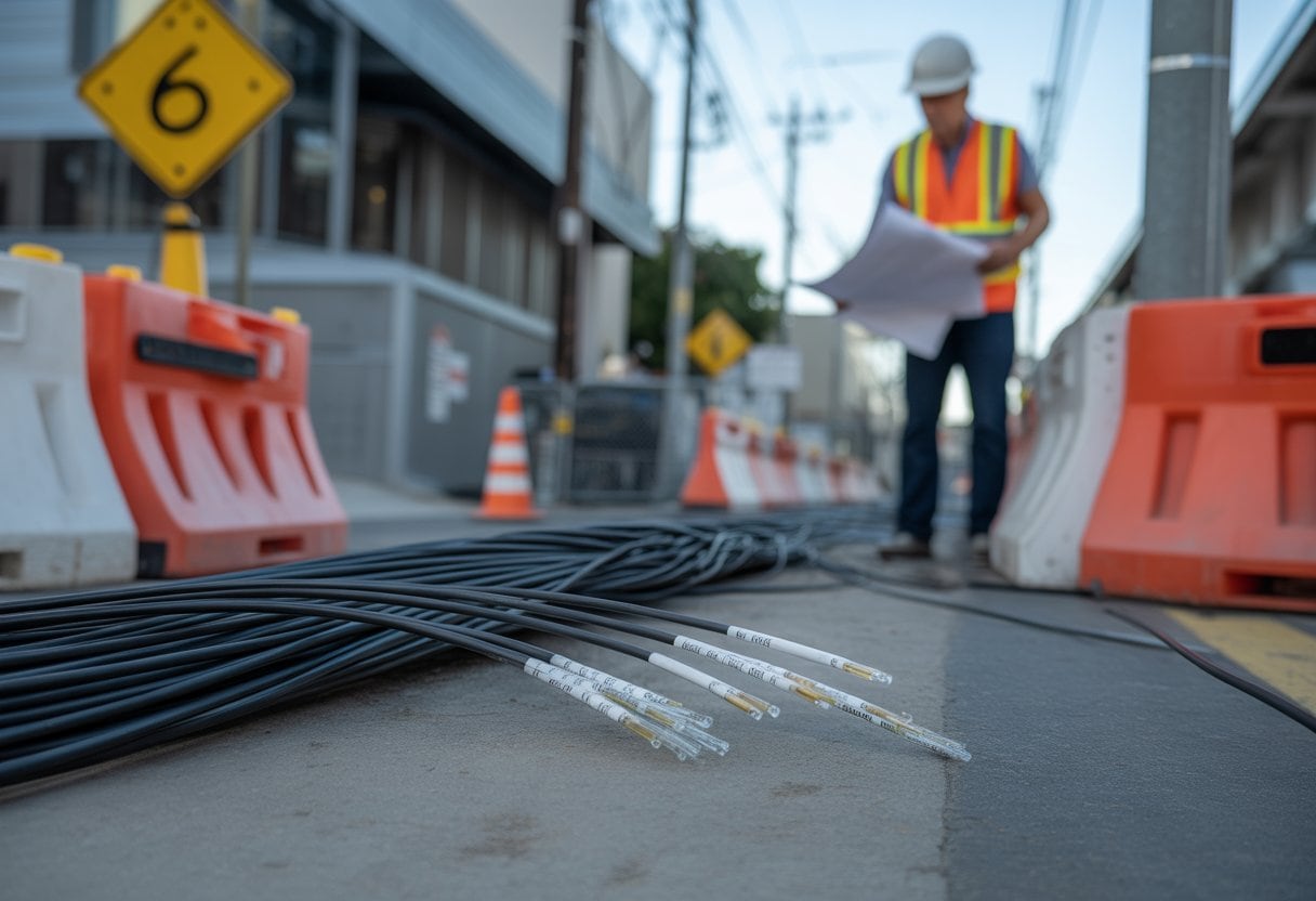 Baustelle mit Glasfaserkabeln und einem besorgten Techniker in Sicherheitsausrüstung, der Pläne überprüft.