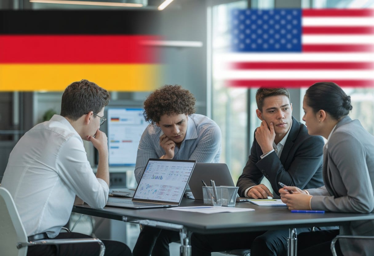 Junge Fachleute diskutieren in einem modernen Büro über Datenschutz und regulatorische Herausforderungen für deutsche Start-ups.