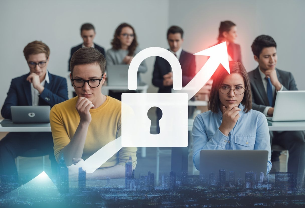 Junge Fachleute in einem modernen Büro mit einem digitalen Schloss und einem aufsteigenden Pfeil, im Hintergrund verschwommene Skylines von deutschen und amerikanischen Städten.