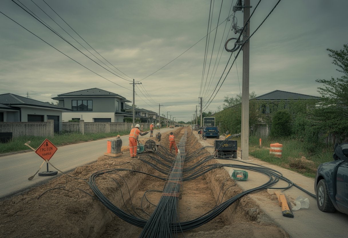 Bauarbeiter installieren langsam Glasfaserkabel an einer Landstraße mit Häusern im Hintergrund.