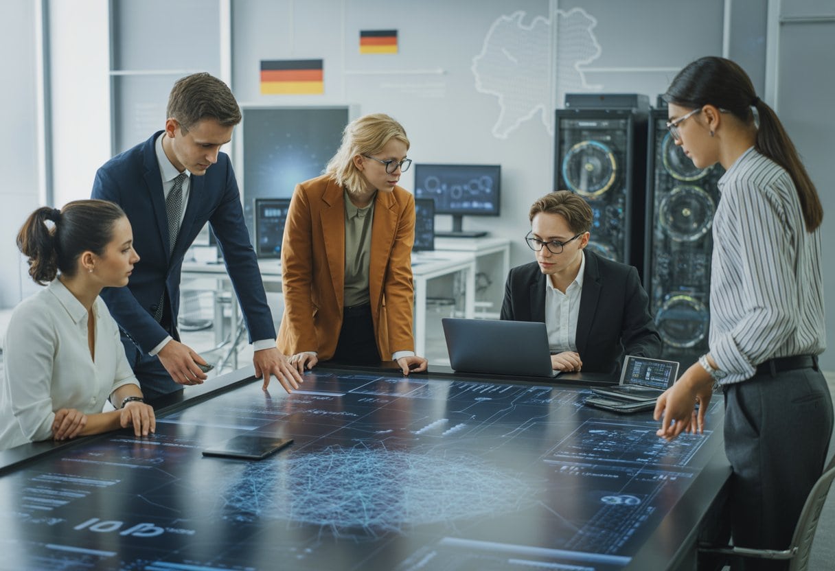 Menschen arbeiten gemeinsam in einem modernen Büro an einem digitalen Touchscreen mit Daten und Diagrammen zur Künstlichen Intelligenz.