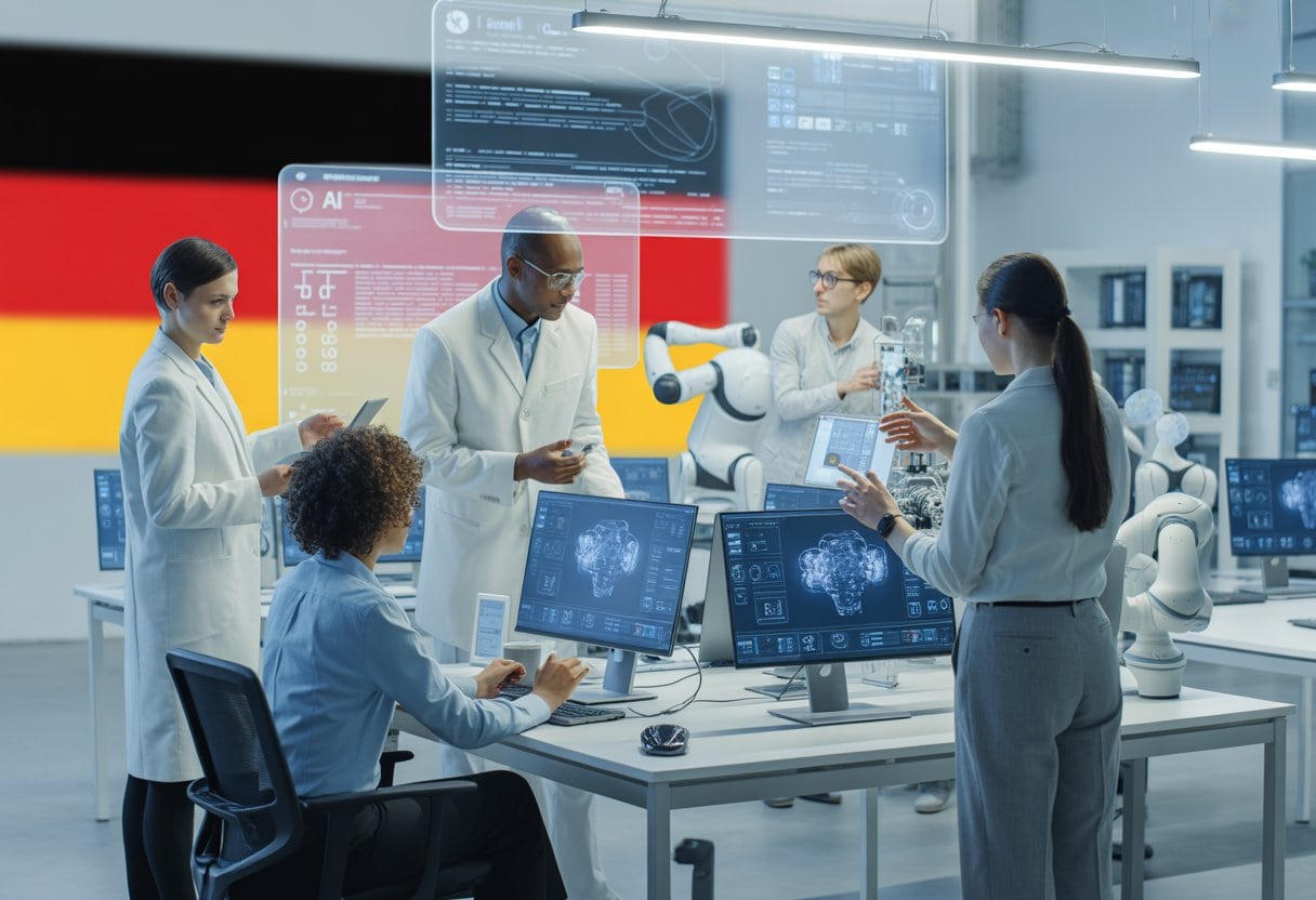 Eine Gruppe von Wissenschaftlern und Ingenieuren arbeitet gemeinsam in einem modernen Labor mit Computern und digitalen Bildschirmen, die Künstliche Intelligenz darstellen.