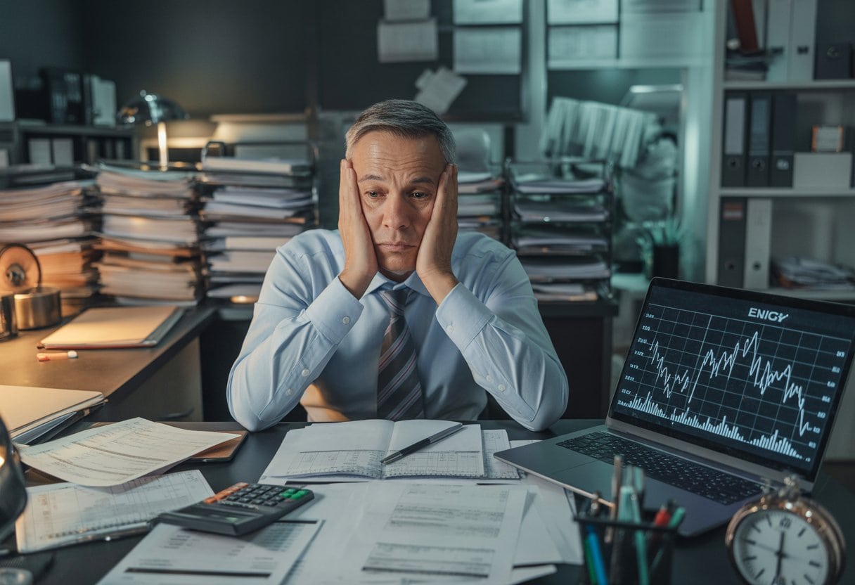Ein besorgter Geschäftsmann sitzt an einem Schreibtisch mit Papieren und einem Laptop, umgeben von Aktenordnern, die Bürokratie und steigende Energiekosten symbolisieren.