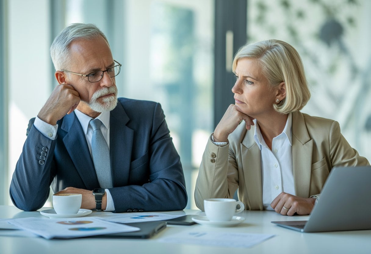 Zwei ältere Berufstätige sitzen an einem Schreibtisch in einem modernen Büro und schauen nachdenklich auf Dokumente und einen Laptop.