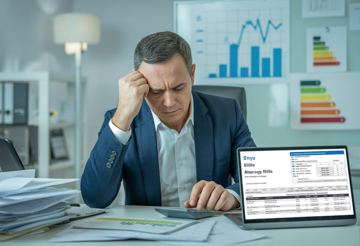 Ein besorgter Geschäftsinhaber sitzt an einem Schreibtisch mit Papieren und einem Laptop, der steigende Energiekosten zeigt, in einem Büro.