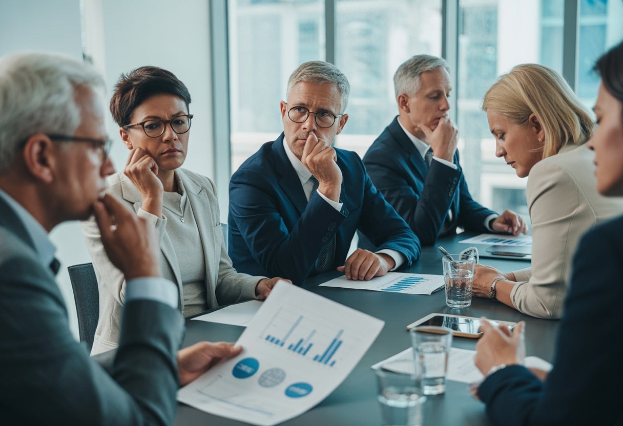 Eine Gruppe von Erwachsenen sitzt um einen Konferenztisch und diskutiert ernsthaft über das Thema Rente mit 70.