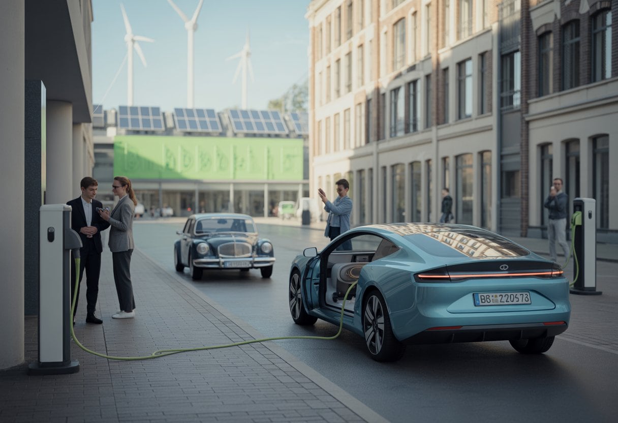 Eine moderne deutsche Stadtstraße mit einem futuristischen Elektroauto im Vordergrund und einem älteren Auto im Hintergrund, umgeben von Ladestationen und grünen Energieelementen.