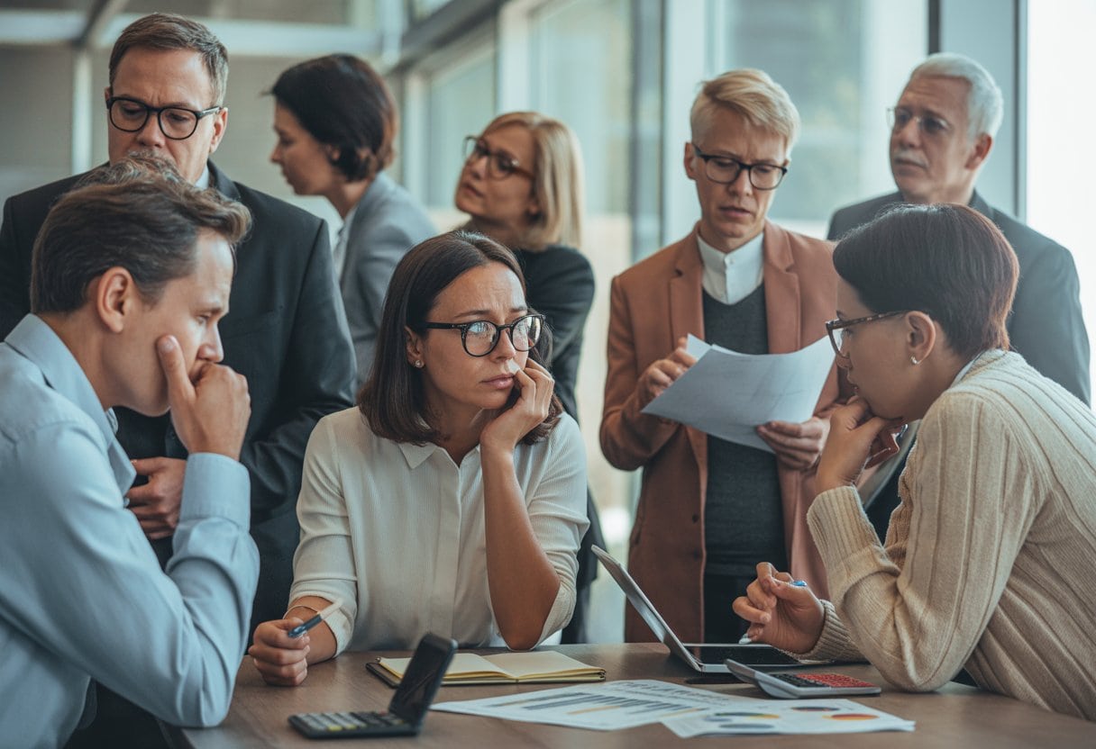 Eine Gruppe von Menschen unterschiedlichen Alters und Hintergrunds in einem modernen Büro, einige wirken nachdenklich oder gestresst, während sie Dokumente prüfen.