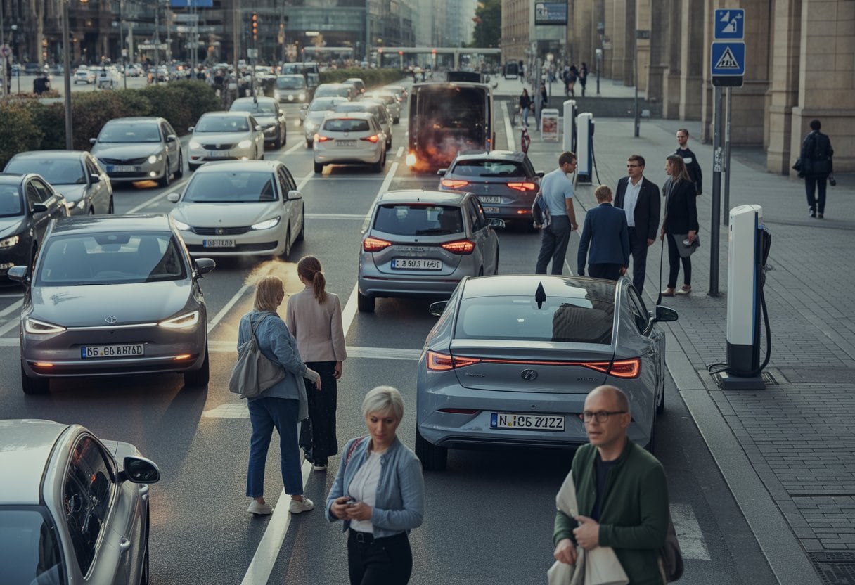 Eine belebte deutsche Straße mit traditionellen Autos und Elektrofahrzeugen, Menschen verschiedener Altersgruppen und Ladestationen für E-Autos im städtischen Umfeld.