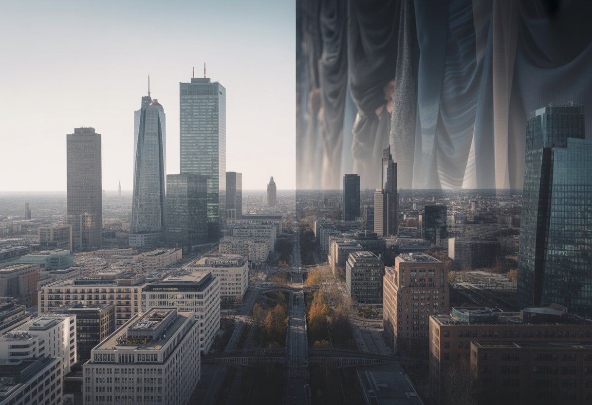 Moderne deutsche Stadt mit Wolkenkratzern und abstrakten Schatten, die wirtschaftliche Vernunft und ideologische Einflüsse darstellen.