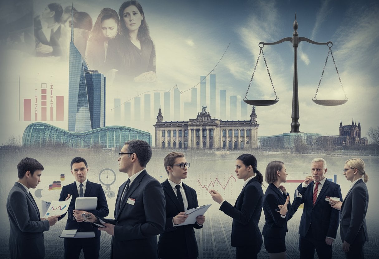 Eine Gruppe von Geschäftsleuten diskutiert ernsthaft vor einer modernen deutschen Stadtkulisse mit Industrieanlagen und einem dramatischen Himmel.