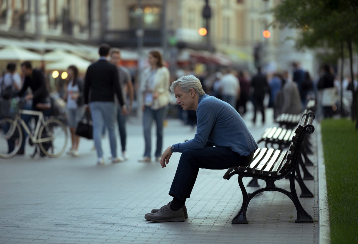 Eine einzelne Person sitzt nachdenklich auf einer Parkbank in einer belebten europäischen Stadt, während im Hintergrund Gruppen von Menschen zusammen sind.