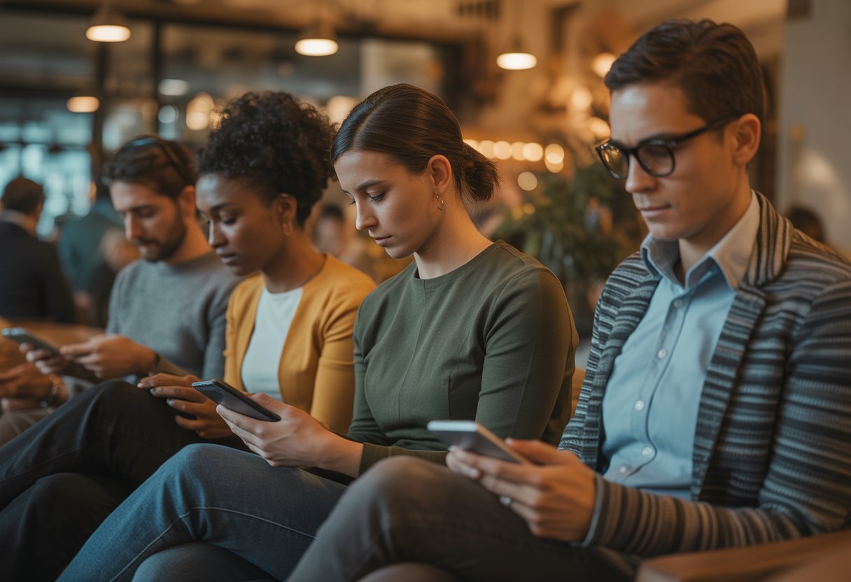 Mehrere Menschen sitzen zusammen in einem Raum, wirken aber gedanklich abwesend und isoliert.
