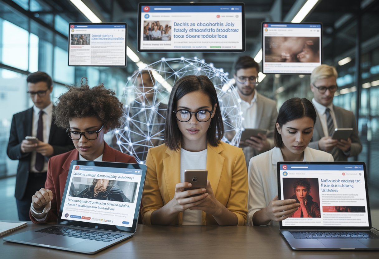 Menschen nutzen digitale Geräte mit sozialen Medien und Nachrichten, umgeben von einem Netzwerk aus leuchtenden Datenverbindungen, das die Macht der Algorithmen symbolisiert.