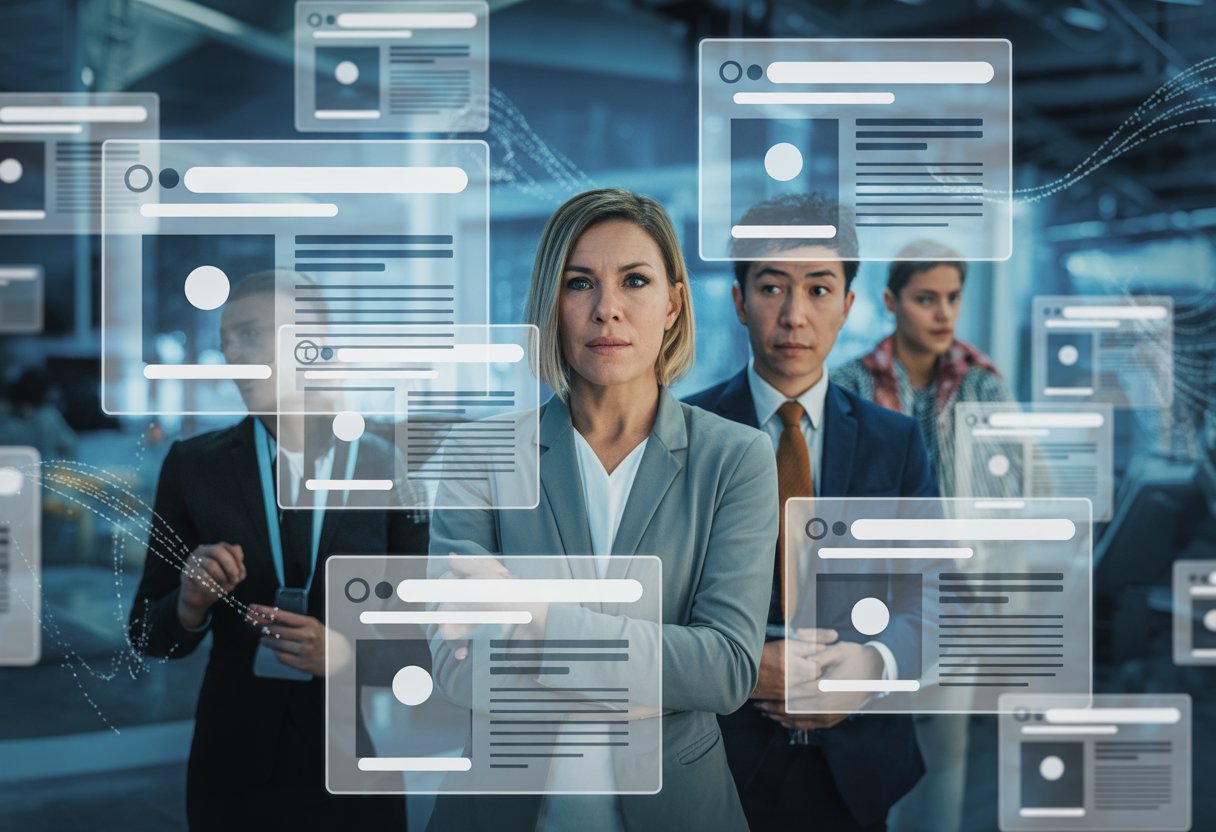 Mehrere Menschen betrachten konzentriert digitale Bildschirme mit verschwommenen Schlagzeilen und sozialen Medien, umgeben von einem Netzwerk aus Datenströmen.