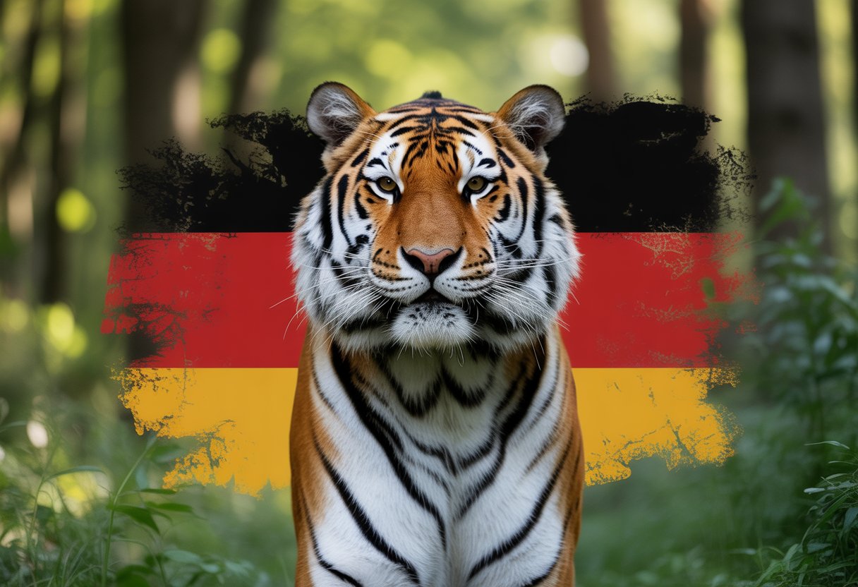 Ein Tiger mit geschlossenem Maul steht in einem grünen Wald, im Hintergrund sind die Farben der deutschen Flagge dezent zu erkennen.