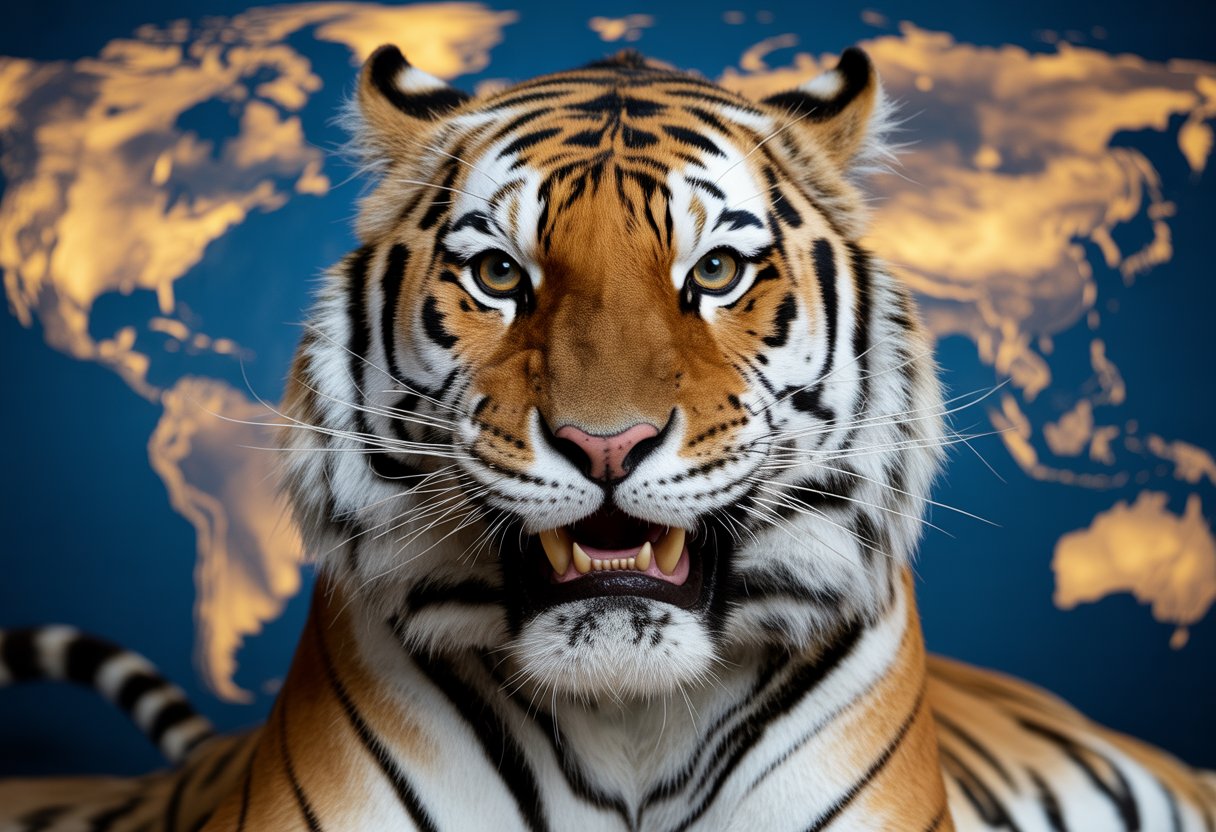 Ein Tiger mit fehlenden Zähnen vor einer Weltkarte im Hintergrund.