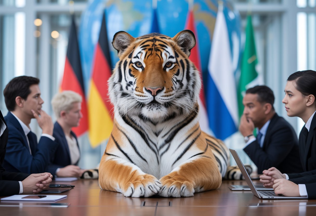 Ein großer Tiger sitzt ruhig in einem Konferenzraum mit internationalen Flaggen, umgeben von ernst aussehenden Diplomaten.