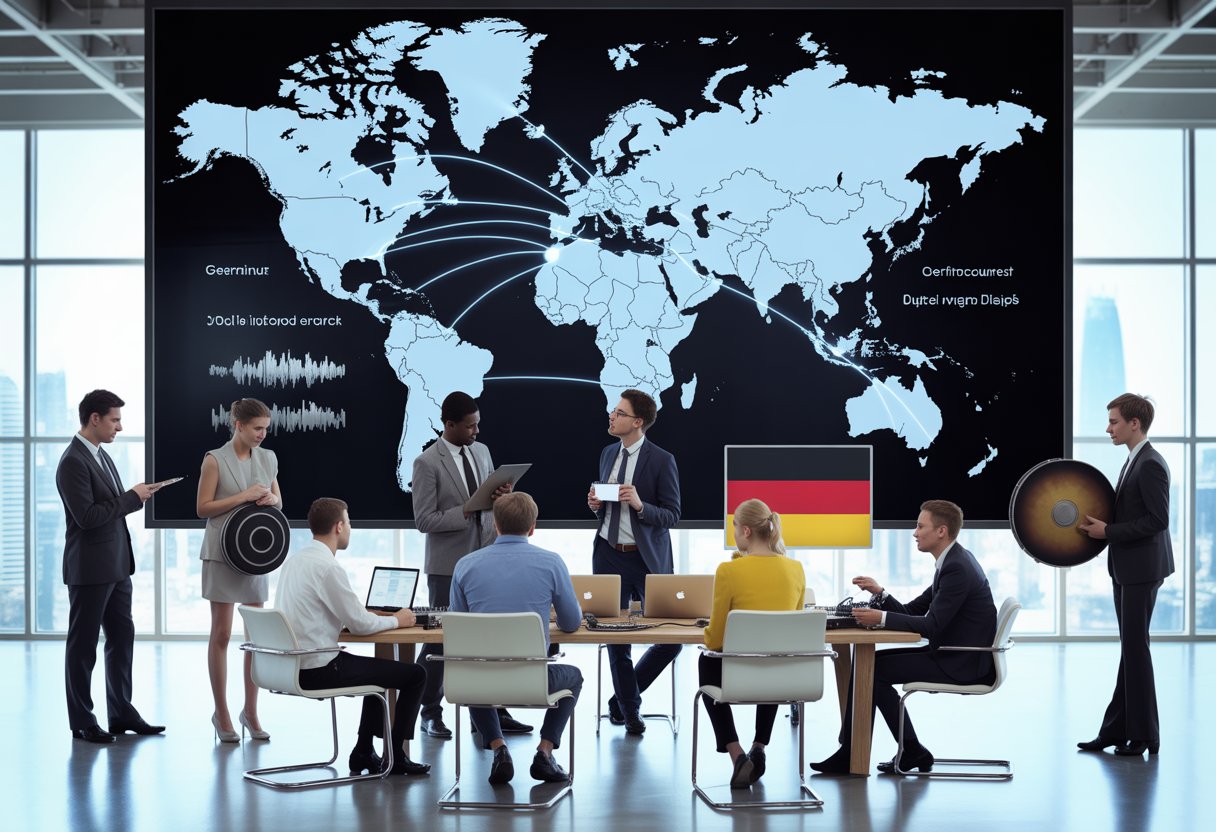 Menschen in einem modernen Büro diskutieren über Musikexporte mit einer digitalen Weltkarte im Hintergrund, die Verbindungen von Deutschland zu anderen Ländern zeigt.